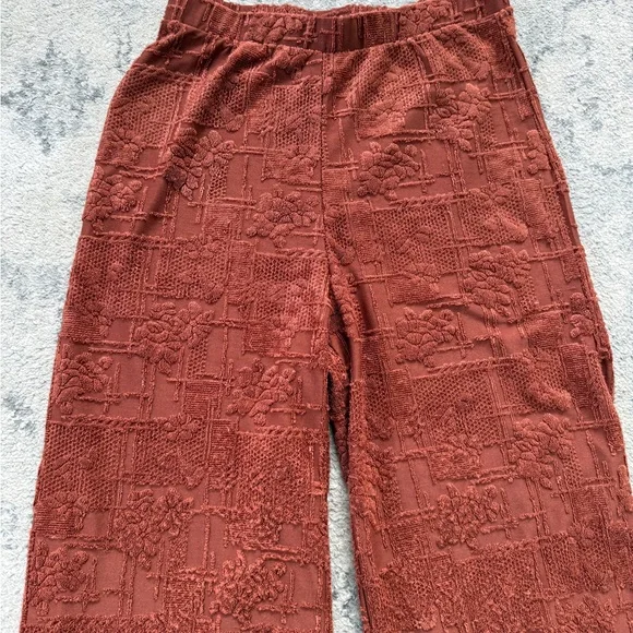 ZARA Women’s Rust Textured Jacquard Wide-Leg Pants Boho Floral Lounge Trousers M - Picture 4 of 12